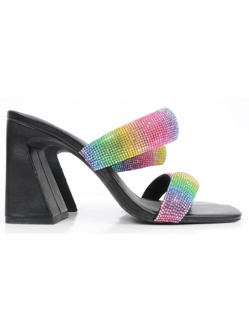 Open Edit Sasha Women‎ 9.5 Black Rainbow Rhinestone Sandal Chunky Flared Heels